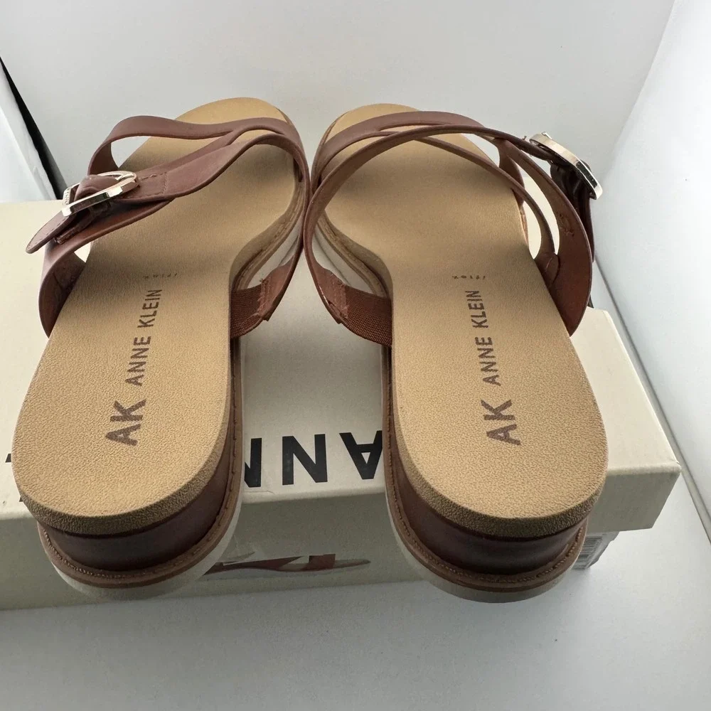 Anne Klein Lalasa Sandal Women 10 Cognac Brown Strap Wedge Buckle Comfort iFlex